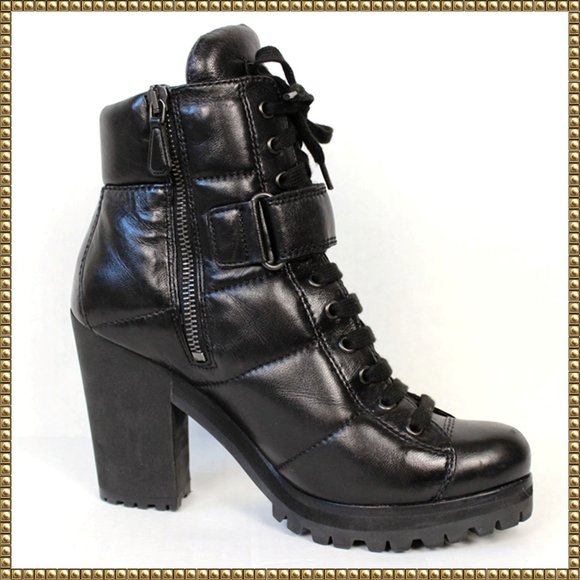 Prada Shoes - Prada Sport Black Chunky Leather Lace Up Combat Ankle Boots Size 37